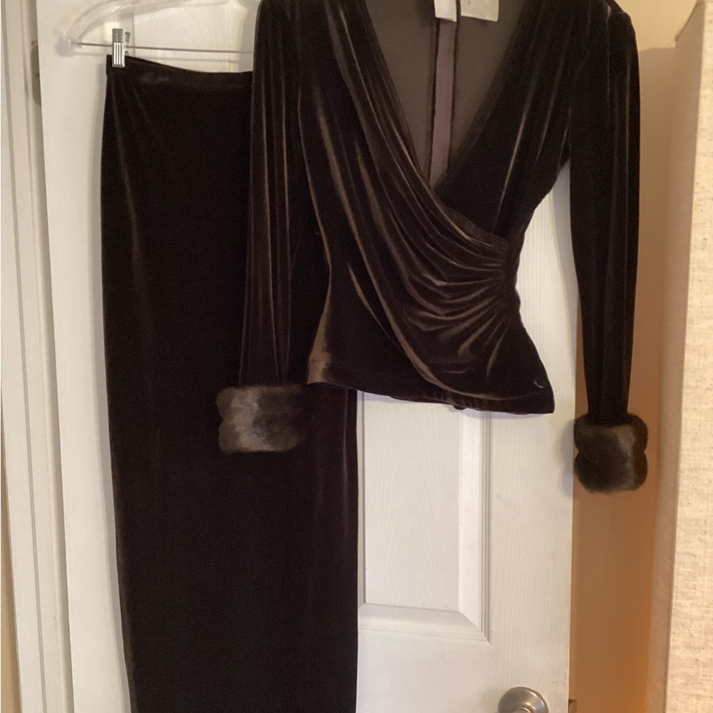 Elegant Dark Brown Velvet Skirt and Top with gorgeous fur cuffs